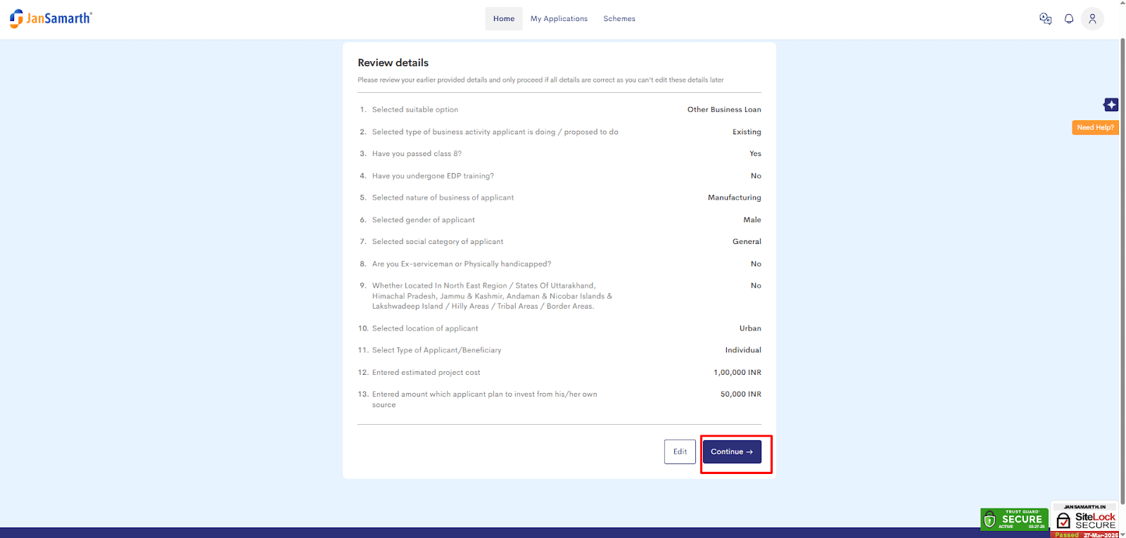 Application page for the SBI E-Mudra Loan 50000